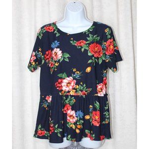 Floral Ruffled Soft T-Shirt Top Size L Navy Blue Multi Color Floral Tee SO PERLA